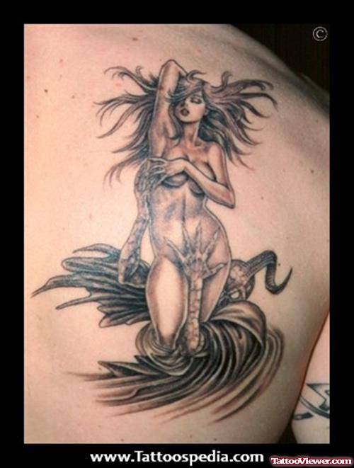Grey Ink Fantasy Women Tattoo On Right Back Shoulder
