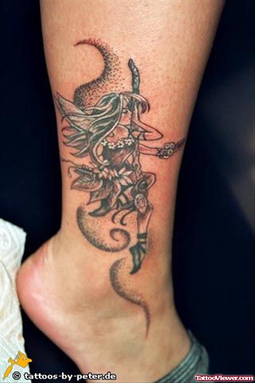 Grey Ink Fantasy Girl Tattoo On Leg