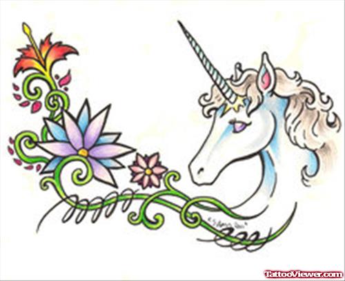 Colored Flowers And Unicorn Head Fantasy Tattoo Design