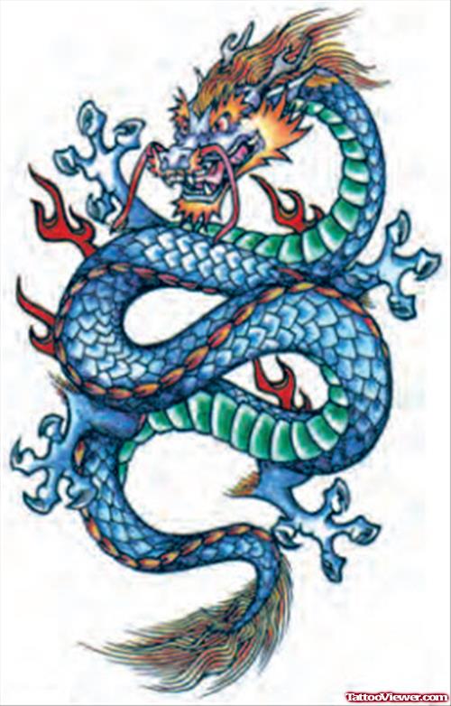 Blue Ink Dragon Fantasy Tattoo Design