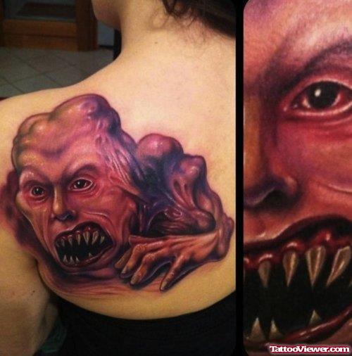 Grey Ink Zombie Fantasy Tattoo On Back Body