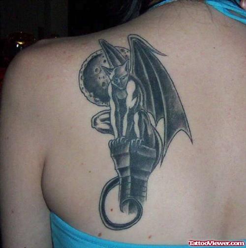 Grey Ink Gargoyle Fantasy Tattoo On Back Shoulder