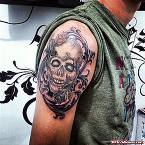 Grey Ink Fantasy Tattoo On Man Right Shoulder