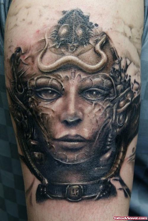 Grey Ink Fantasy Tattoo On Bicep