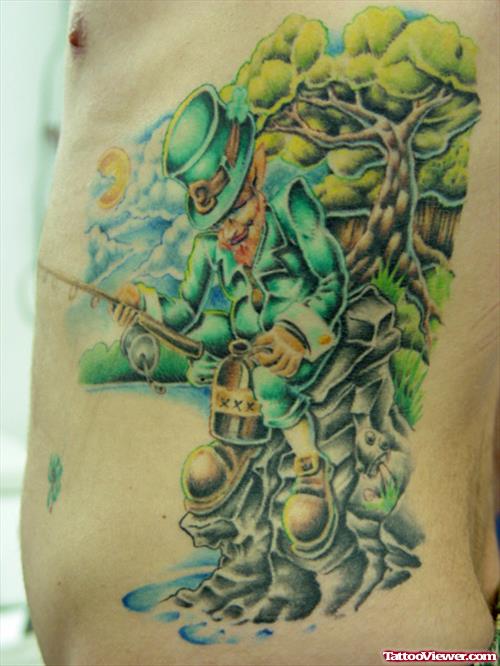 Green Ink Leprechaun Side Rib Fantasy Tattoo