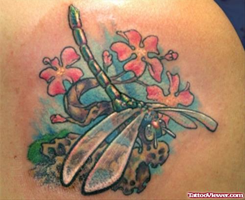 Flowers And Dragonfly Tattoo On Back