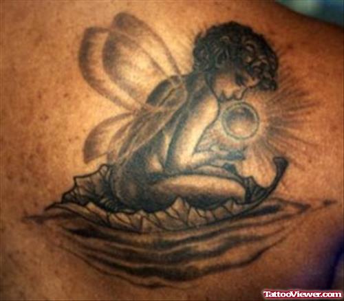 Grey Ink Fairy Girl Fantasy Tattoo On Right Back Shoulder