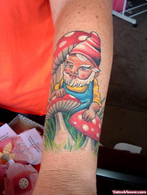 Colored Mushroom And Gnome Fantasy Tattoo On Left Arm
