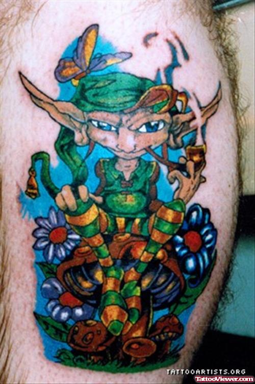 Colored Fantasy Gnome Tattoo On Leg