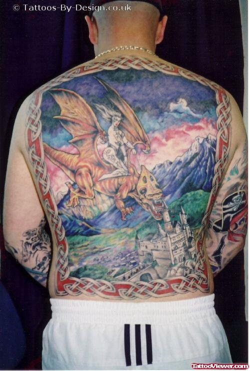 Colored Dragon And Castle Fantasy Tattoo On Full Back Tattoo Viewer Com