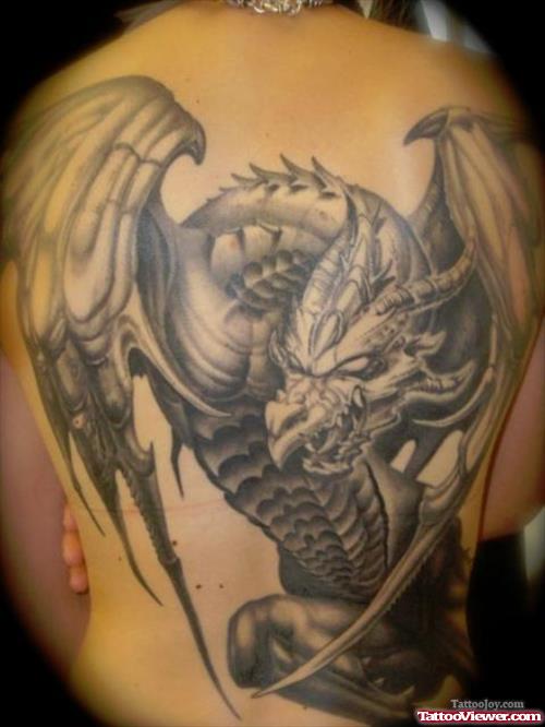 Amazing Grey Ink Dragon Fantasy Tattoo On Back