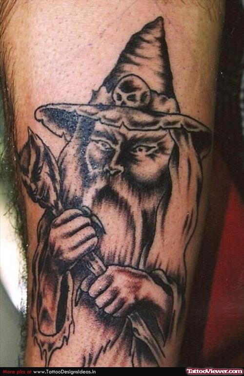 Grey Ink Fantasy Wizard Tattoo