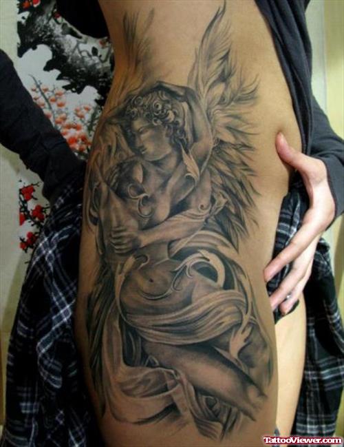 Grey Ink Fantasy Side Rib Tattoo