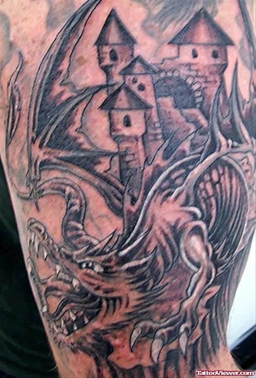 Grey Ink Fantasy Dragon Tattoo On Half Sleeve