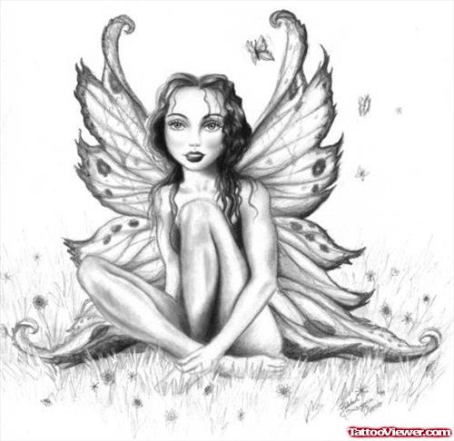 Grey Ink Fairy Girl Fantasy Tattoo Design