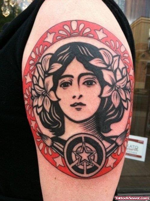 Girl Head With Flowers Fantasy Tattoo On Shoulder