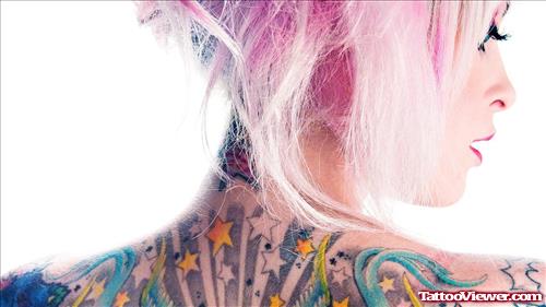 Fantasy Stars Tattoos On Girl Upperback