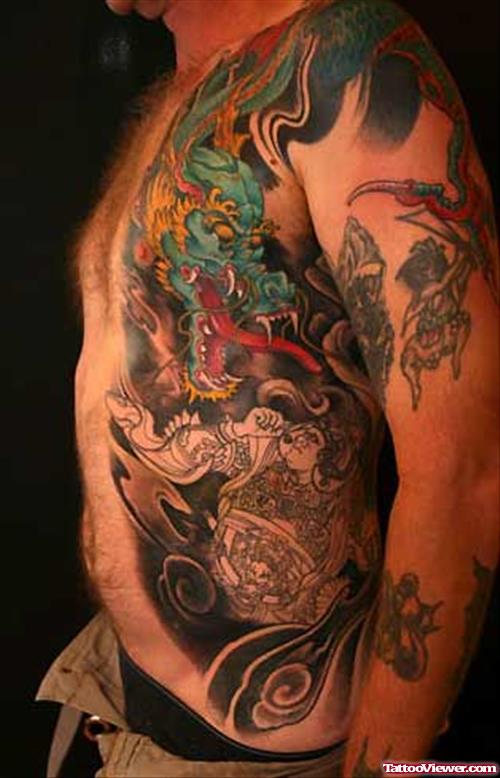 Colored Dragon And Japnese Fantasy Tattoo On Side