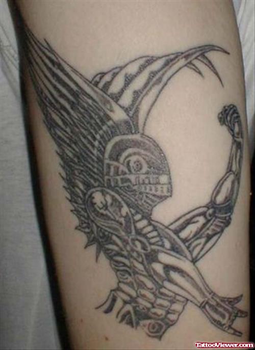 Classic Grey Ink Fantasy Tattoo On Sleeve