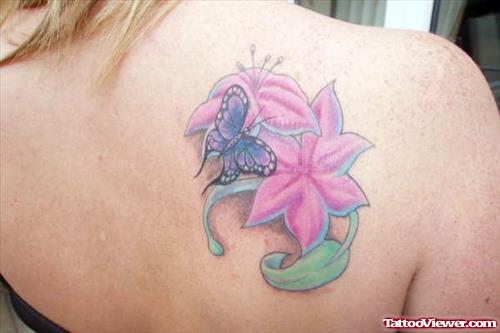 Butterfly And Pink Flowers Fantasy Tattoo On Right Back Shoulder