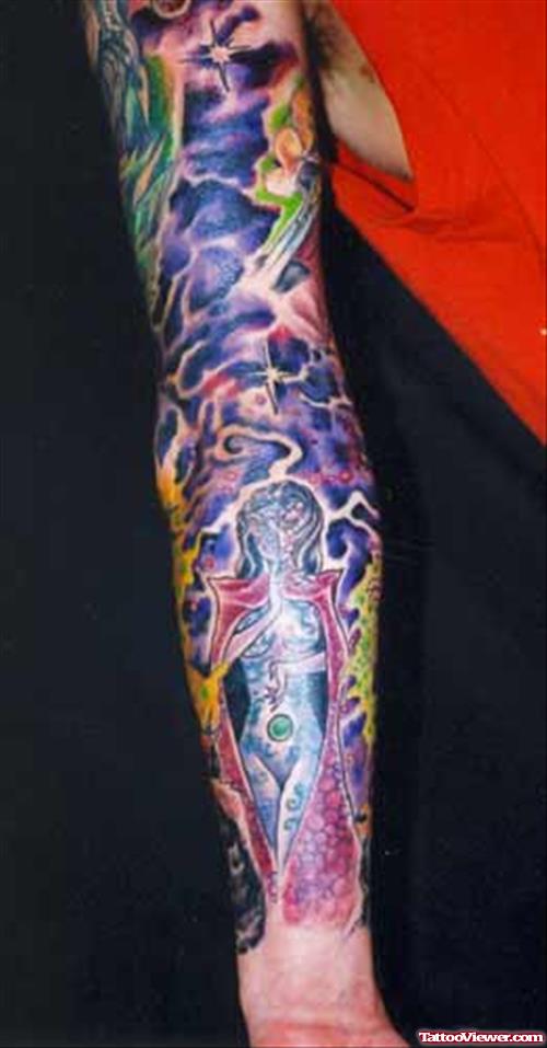 Amazing Colored Fantasy Tattoo On Sleeve