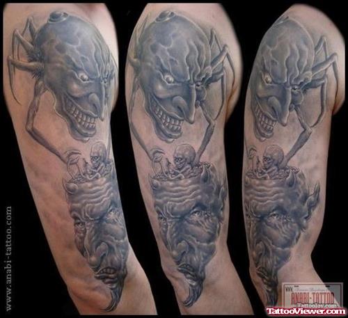 Grey Ink Fantasy Tattoo On Right Sleeve