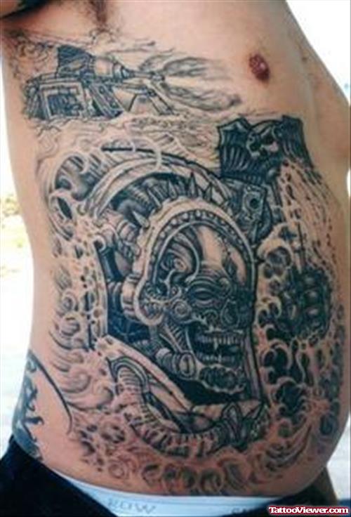 Grey Ink Fantasy Tattoo On Man Rib Side