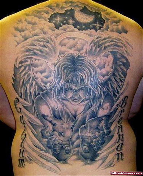 Grey Ink Fantasy Tattoo On Back Body