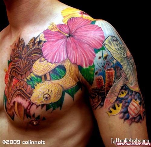 Flowers And Snake Fantasy Tattoo On Chest And Shoulder