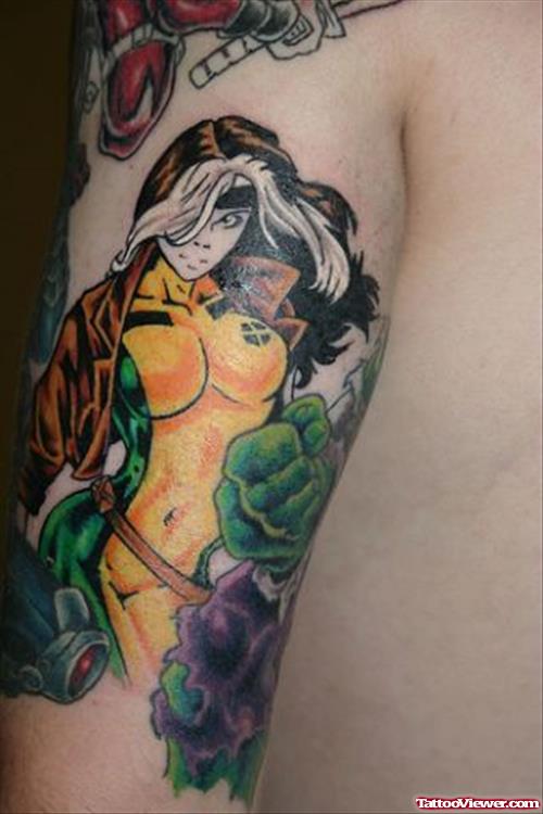 Colored Ink Fantasy Girl Tattoo On Half Sleeve