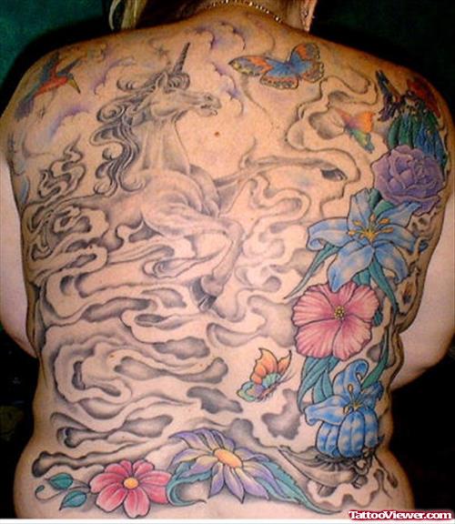 Colored Flowers Fantasy Tattoo On Full Back