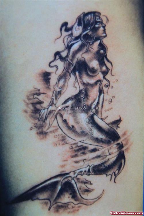 Awesome Grey Ink Mermaid Fantasy Tattoo