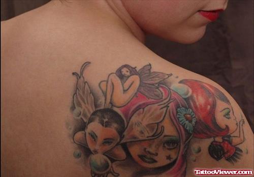 Awesome Colored Fantasy Tattoo On Back Shoulder