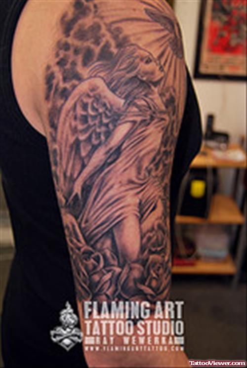 Amazing Grey Ink Fantasy Tattoo On Right Half Sleeve