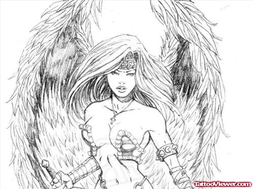 Grey Ink Angel Girl Fantasy Tattoo Design
