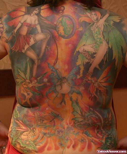 Cool Colored Fantasy Tattoo On Back Body