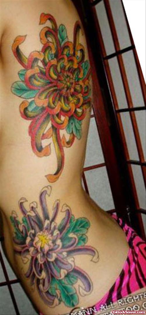 Colored Flowers Side Rib Fantasy Tattoo For Girls