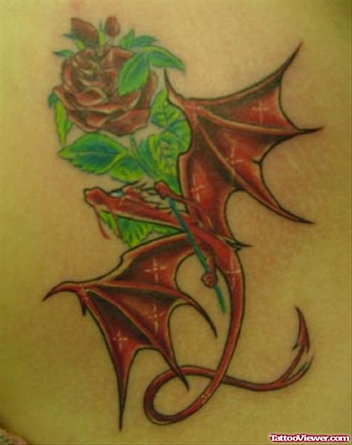 Color Flower And Dragon Fantasy Tattoo