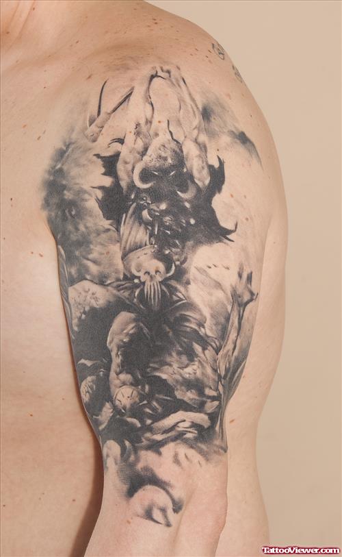 Awesome Grey Ink Fantasy Tattoo On Left Half Sleeve
