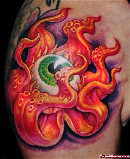 Flaming Eyeball Fantasy Tattoo On Shoulder