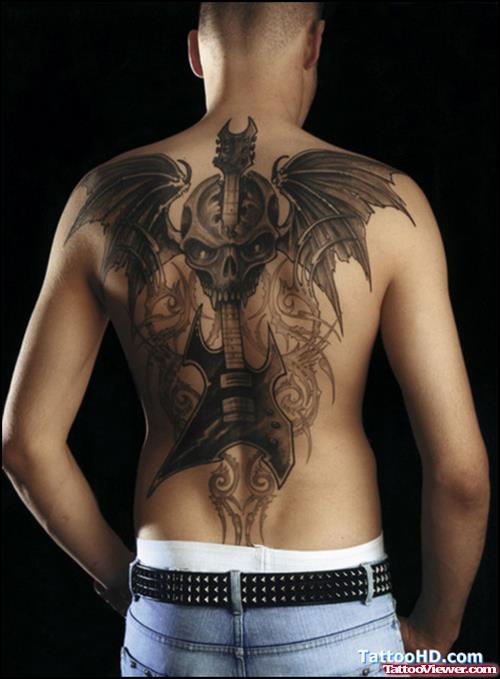 Devil Winged Skull And Guitar Fantasy Tattoo On Back