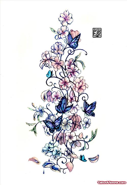 Colored Flowers Butterflies Fantasy Tattoos Design