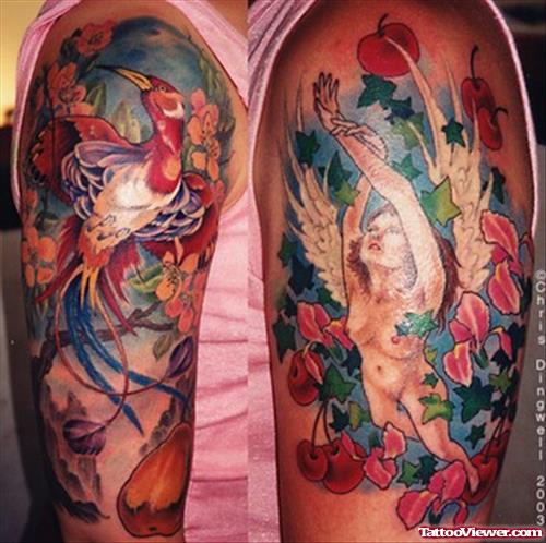 Colored Phoenix And Flowers Fantasy Tattoo On Half Sleeve