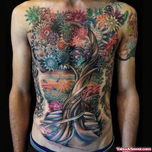 Colored Flowers Tree Fantasy Tattoo On Chest For Men