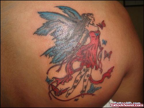 Colored Fantasy Tattoo On Right Back Shoulder
