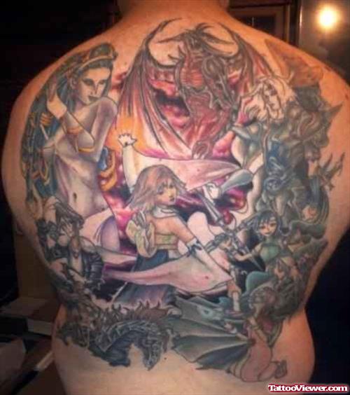Colored Fantasy Tattoo On Back Body