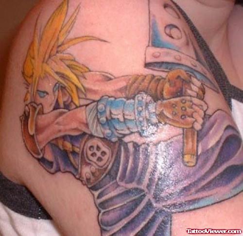 Colored Anime Fantasy Tattoo On Shoulder