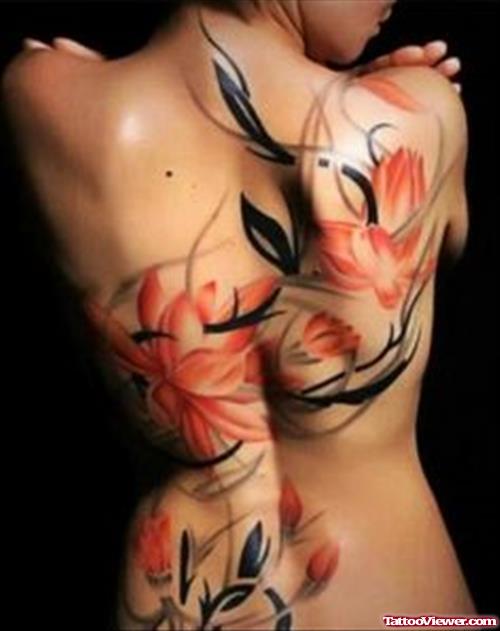 Color Flowers Fantasy Tattoo On Back Body