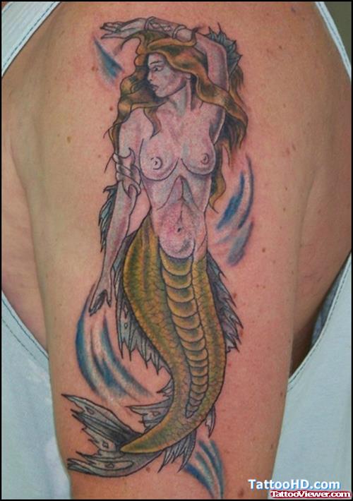 Classic Colored Mermaid Fantasy Tattoo On Half Sleeve