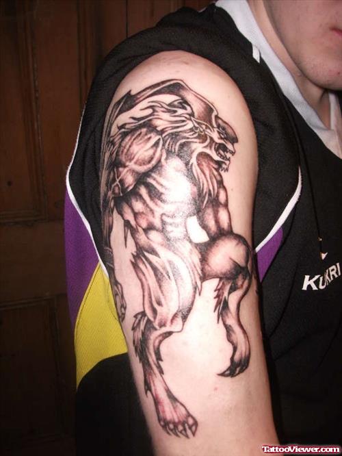 Awesome Grey Ink Fantasy Tattoo On Half Sleeve